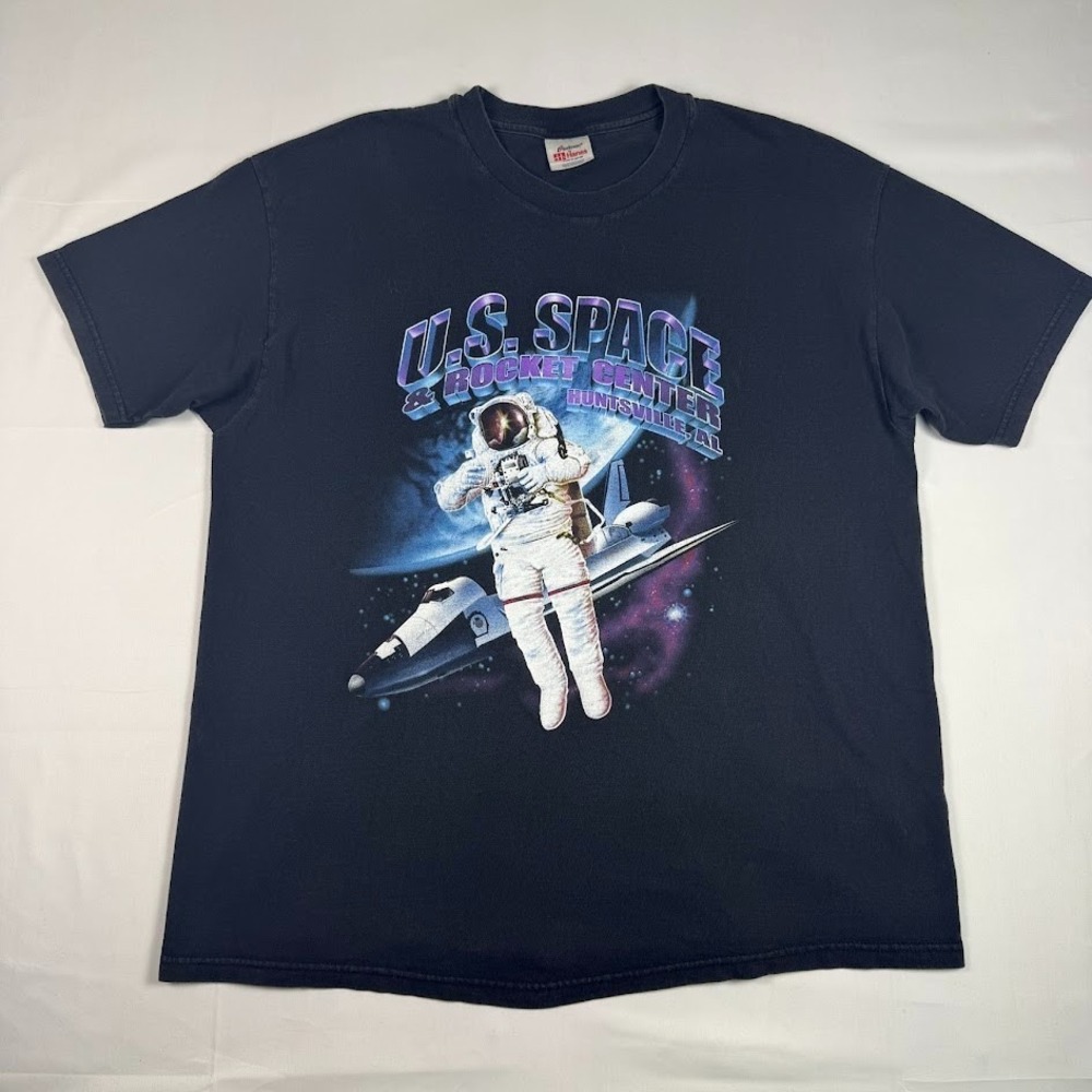 VTG Y2K U.S. Space Rocket Center‎ Shirt Mens XL Black Astronaut Graphic Hanes